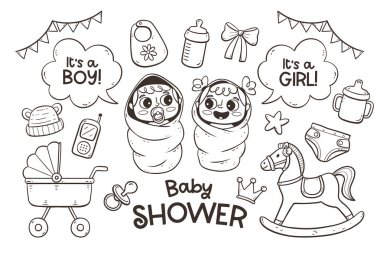 El çizimi bebek ve beyaz arka planda izole edilmiş bebek aksesuarları. Çizgi film kızı ve etiketli bir erkek bebek. Doodle vektör illüstrasyonu.