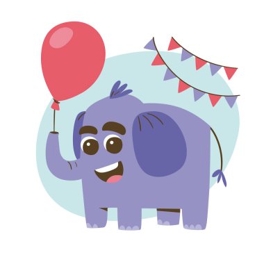 Kırmızı balonlu sevimli gülümseyen fil. Parti ve kutlama konsepti. Çocuklar için şirin çıkartma. Çizgi film hayvan vektör illüstrasyonu.