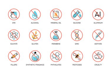 Renkli zehirli ikon seti. Acımasızlık yok, bedava toksik alkol, mineral yağı, silikon, alüminyum, sülfat, paraben... Doğal kozmetik ürünleri için mükemmel. Vektör illüstrasyonu.