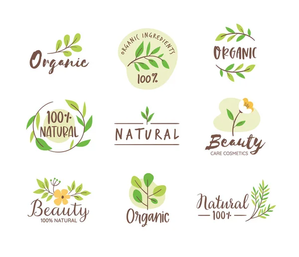 Collezione Logo Biologico Naturale Emblemi Cosmetici Naturali Disegnati Mano Cura — Vettoriale Stock