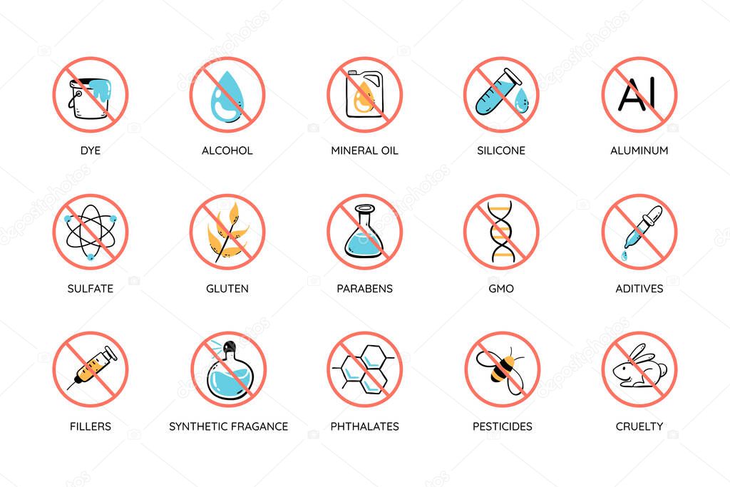 Colorful toxic free icon set. Cruelty free, free toxic: alcohol, mineral oil, silicone, aluminum, sulfates, parabens... Perfect for natural cosmetic products. Vector illustration.
