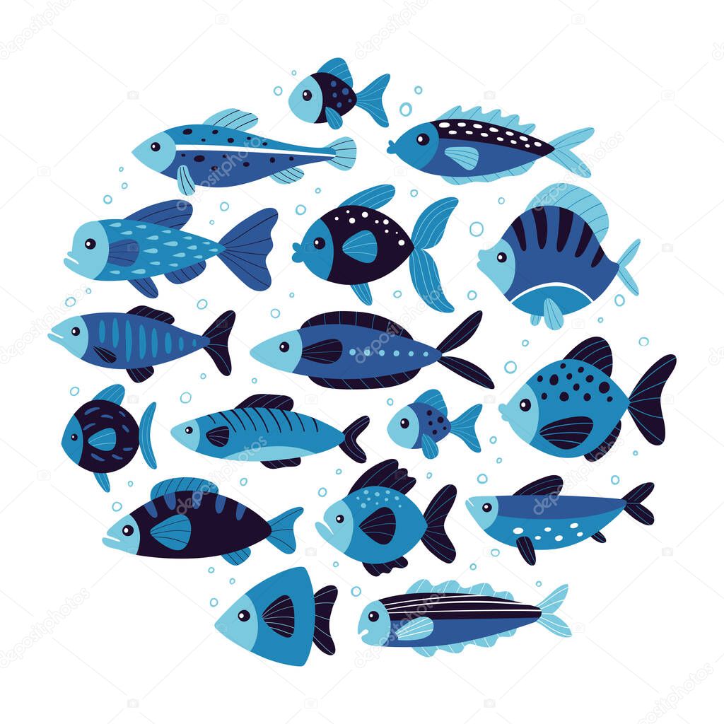 Vector background with hand-drawn cute fishes. Round composition. Organic flat style. Black and blue color palette.