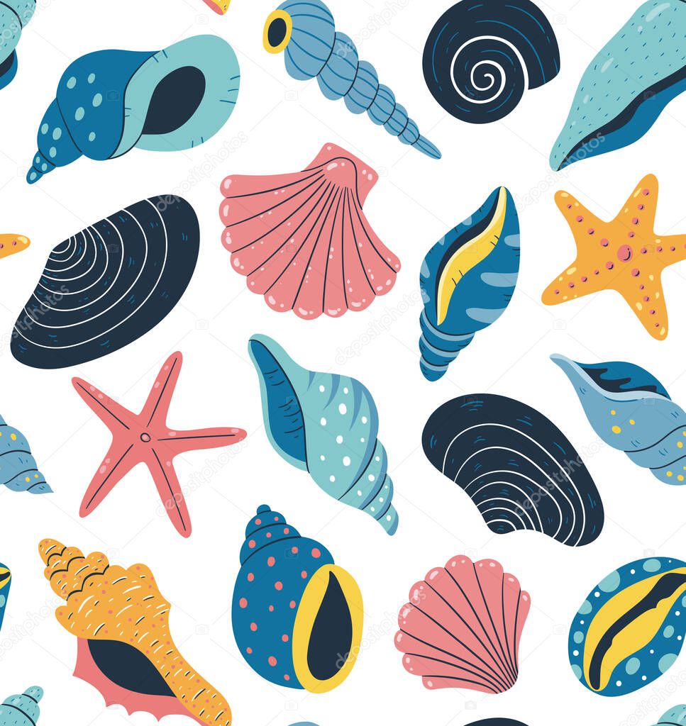 Seashell seamless pattern design. Colorful hand drawn vector illustration. White background.