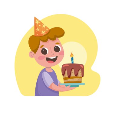 Doğum günü kutlaması. Doğum günü pastasıyla mutlu küçük bir çocuğun portresi. İzole illüstrasyon.