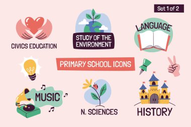 School subjects educational icons. Hand-drawn vector labels with primary school subjects. Perfect for timetables, websites, school apps, sticker design, etc clipart