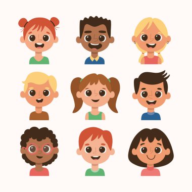 Çizgi film çocuk avatar seti. Farklı saç stili ve ten rengi. 4 'ün 2' sini ayarla.