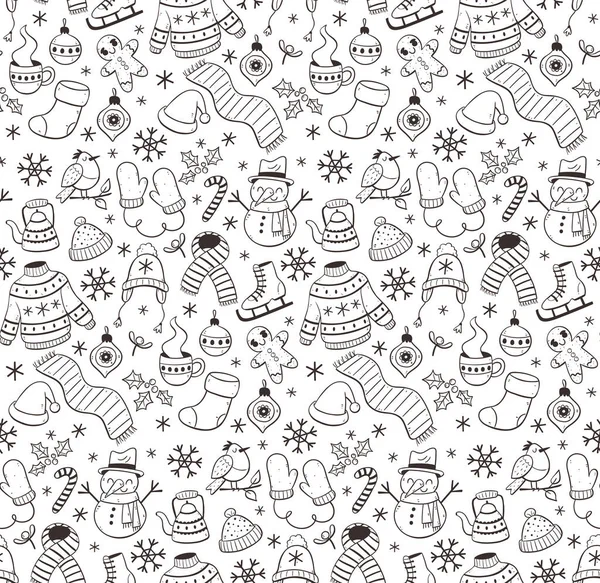 Hand Drawn Winter Seamless Pattern Winter Elements Winter Clothes Snowman — Stock Vector