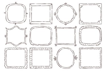 Dekoratif çerçeve mürekkebi elle çizim efekti. Yuvarlak, kare ve oval şekilli 12 farklı tasarım. İzole edilmiş nesneleri karala. Vektör illüstrasyonu.