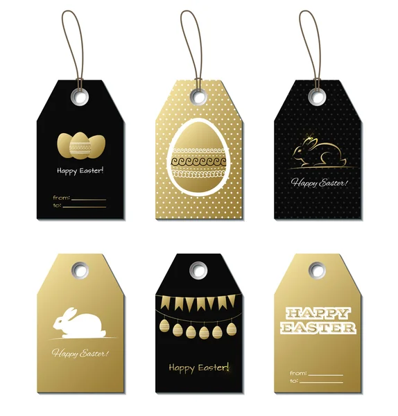 Étiquettes cadeaux vectorielles en or de Pâques avec lapin et œufs — Image vectorielle