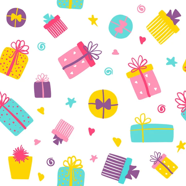 Cute gift boxes seamless pattern. Vector colorful festive background with present boxes and confetti. For wrapping paper, wallpapers — Stock Vector