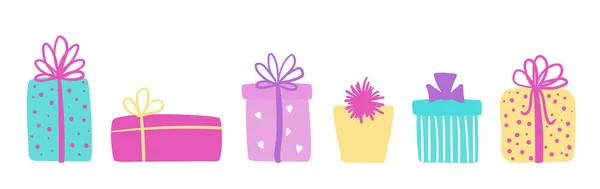 Set von farbenfrohen handgezeichneten Geschenkboxen. Vektorlanges Banner mit Geschenken für Weihnachten oder Geburtstag — Stockvektor