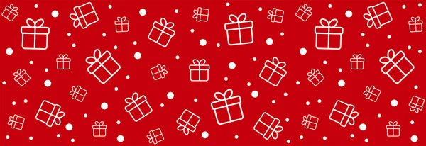 Fundo vermelho de Natal com caixas de presente brancas e neve. Vector longo banner, padrão sem costura para saudações de Natal, papel de embrulho — Vetor de Stock