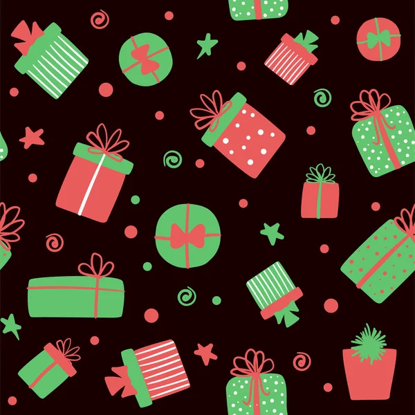 Patrón sin costuras de Navidad con cajas de regalo. Vector lindo festivo fondo oscuro con regalos dibujados a mano — Vector de stock