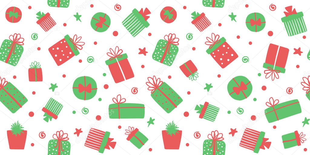 Christmas gift boxes seamless pattern. Cute vector long background, banner with hand drawn presents