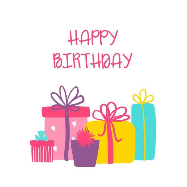 Feliz cumpleaños vector tarjeta de felicitación con cajas de regalo lindo. Tarjeta mínima para imprimir — Archivo Imágenes Vectoriales