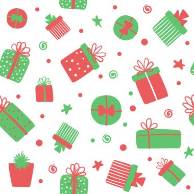 Şirin hediye kutuları olan kusursuz vektör deseni. Kağıt, duvar kağıdı, kumaş baskısı için Noel arkaplanı
