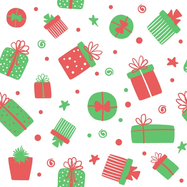 Vektor zökkenőmentes minta aranyos ajándékdobozokkal. Karácsonyi háttér csomagolás papucs, tapéták, szövet nyomtatás — Stock Vector