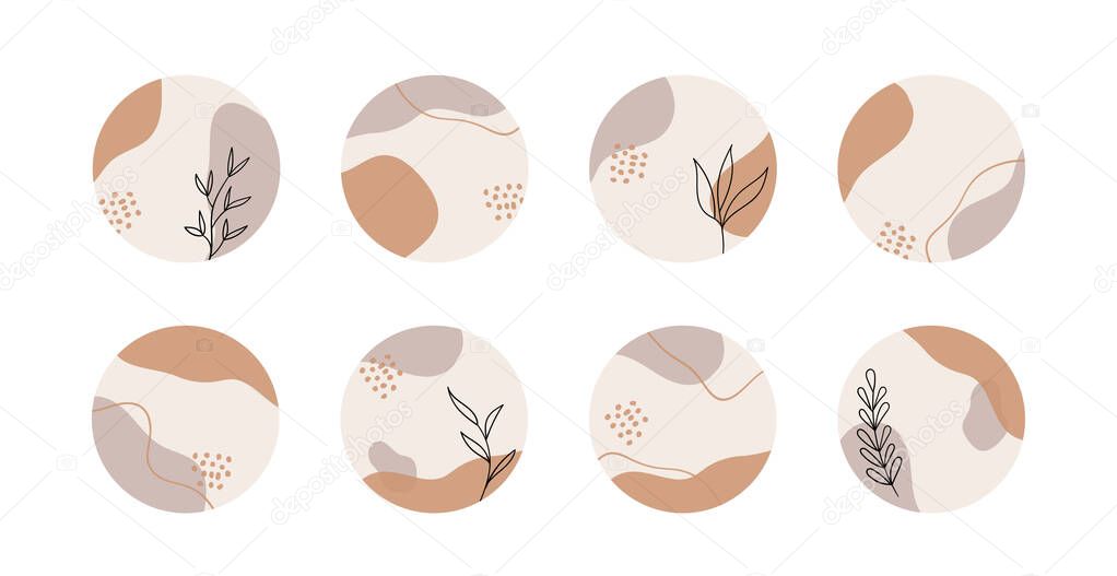 Vector highlight story cover icons for social media. Abstract minimal organic circle backgrounds in boho style for instagram bloggers