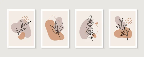 Vektor-Set von Boho-Wandkunst. Trendige Bilder mit Pflanzen und abstrakten organischen Formen. Botanische Illustration — Stockvektor