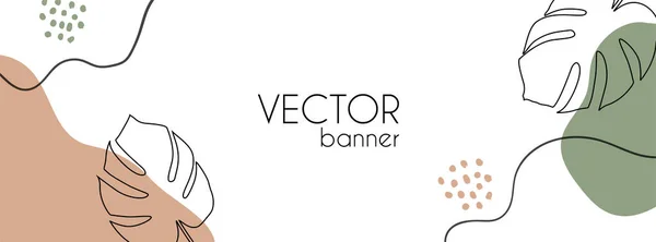 Vector long banner with organic shapes and tropical leaves. Trendy minimal abstract background for social media design — Stockvector