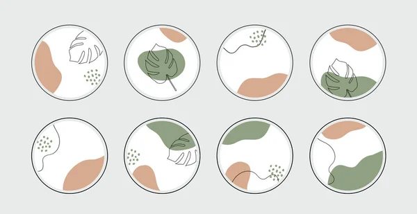 Vector evidenzia le icone di copertura della storia per i social media. Astratto minimi sfondi cerchio organico con foglie tropicali — Vettoriale Stock