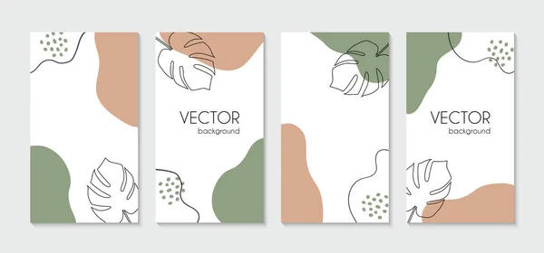Minimal organic instagram stories template. Vector set of vertical abstract backgrounds with tropical leaves — Stock Vector