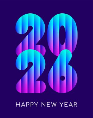 2026 Mutlu Yıllar dikey tebrik kartı. Yeni yıl kutlamaları, takvimler, afişler, posterler için renkli eğimli tırtıklı cam efekt vektör sayıları