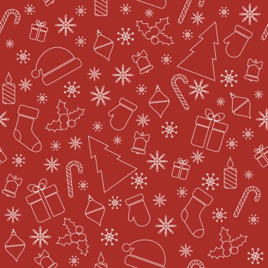 Noel çizgi Noel ağacı, hediyeler, kar taneleri, mittens ile seamless modeli