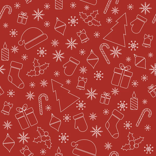 Χριστούγεννα χωρίς ραφή πρότυπο με γραμμή χριστουγεννιάτικα δέντρα, δώρα, νιφάδες χιονιού, γάντια — Διανυσματικό Αρχείο