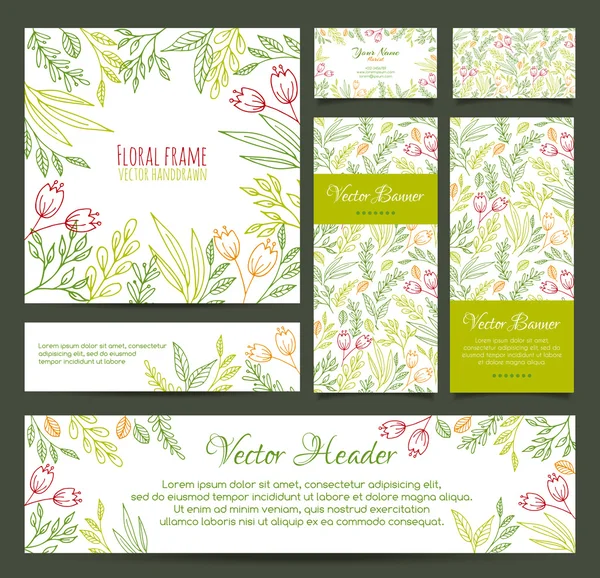 Set van banners, visitekaartje, frame, uitnodigingen en headers in de dezelfde floral lijnstijl — Stockvector