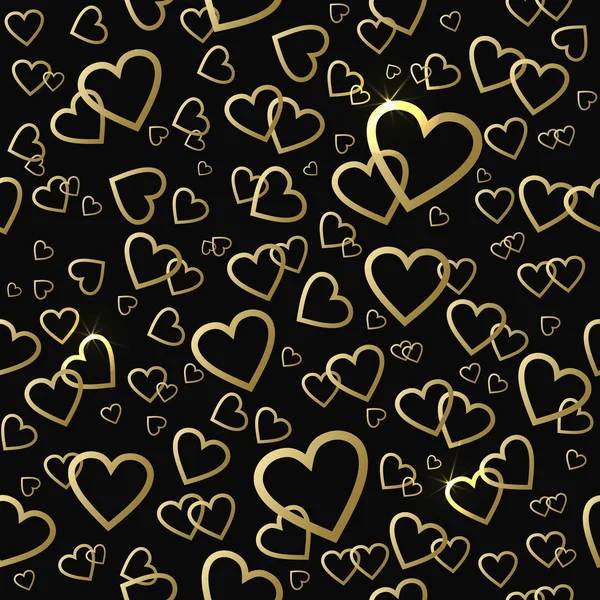 Seamless vector pattern with gold shining hearts on a black background — Stock Vector