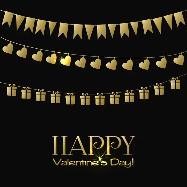 De dag van Valentijnskaarten wenskaart met gouden slingers op een zwarte achtergrond — Stockvector