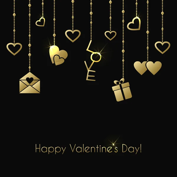 Carte de voeux pour la Saint-Valentin avec des cadeaux suspendus en or sur un fond noir — Image vectorielle