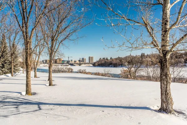 Zima Čerstvým Sněhem Zamrzlé Vody Jižní Řeky Saskatchewan Města Saskatoon — Stock fotografie
