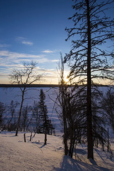 Solen Går Ner Över Frusen Snö Täckta Sjö Med Träd — Stockfoto