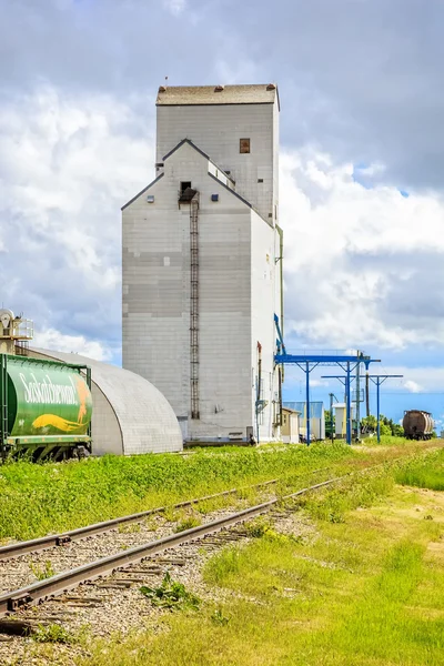 Ascensore Grano Una Piccola Città Con Vagoni Ferroviari Parcheggiati Attesa — Foto Stock