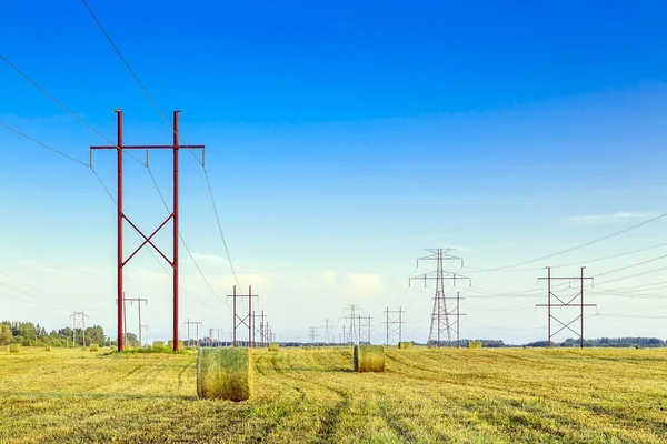 Torres Transmissão Energia Linhas Elétricas Através Céu Sobre Campo Com — Fotografia de Stock