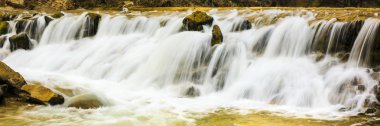 Zion Ulusal Parkı 'ndaki Patrikler Mahkemesi' nin altındaki Virgin Nehri 'ne çağlayan sular dökülüyor. Sarı kutuplaştırıcı filtreyle çekilmiş..
