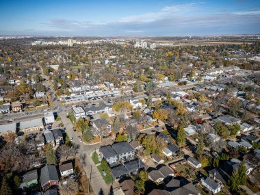 Saskatchewan Saskatoon 'daki renkli devrilmiş ağaçlar ve yerleşim sokakları ile Haultain' in hava manzarası.