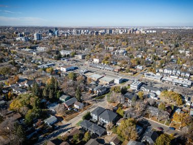Saskatchewan Saskatoon 'daki renkli devrilmiş ağaçlar ve yerleşim sokakları ile Haultain' in hava manzarası.