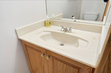 Lavabo lavabosu, sabun makinesi ve tezgahın üzerinde bir şişe losyonla. Lavabo beyaz, tezgah tahtadan.