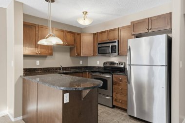 Mutfakta paslanmaz çelik buzdolabı, mikrodalga fırın ve fırın var. Tezgah granitten ve dolaplar ahşaptan yapılmış.