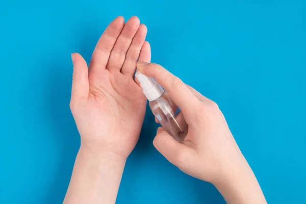 Pov Top Overhead Close View Photo Female Hands Using Applying — Stock Photo, Image