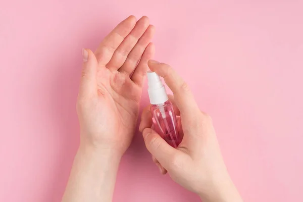 Top Overhead Pov First Person Close View Photo Hands Disinfection — Stock Photo, Image