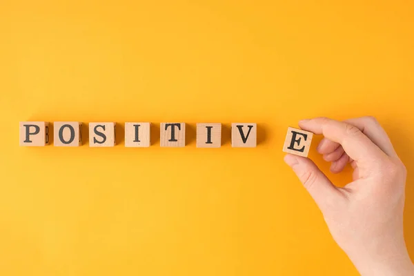 Think Positively Concept Close Pov Flatlay View Photo Female Hand — Stock Photo, Image