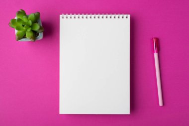 Tepede, yeşil sulu bitki ve kalem izole edilmiş parlak renk arkaplanı olan boş sarmal defterin resmi var.