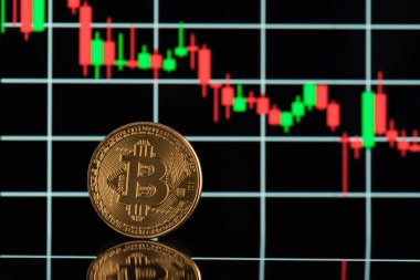 Bitcoin konseptinde düşüş. Arkaplanda renkli analitik grafikle altın paranın fotoğrafını kapat
