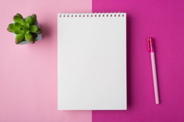 İlham ve yaratıcılık konsepti için çalışma yeri. Yukarıda, açık ders kitabı sulu bitki ve kalemin, yarı aydınlık ve pastel arkaplan izole edilmiş, minimal düz görünüm fotoğrafı uzanıyor.