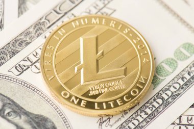 Yukarının üstünde altın litekoin 'in Amerikan banknotlarının üzerine serilmiş fotoğrafı var.