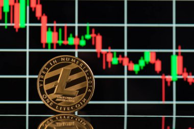 Bitcoin oranı düşme konsepti. Arka planda yeşil ve kırmızı mum grafiği olan altın parlayan bitcoin fotoğrafını kapat